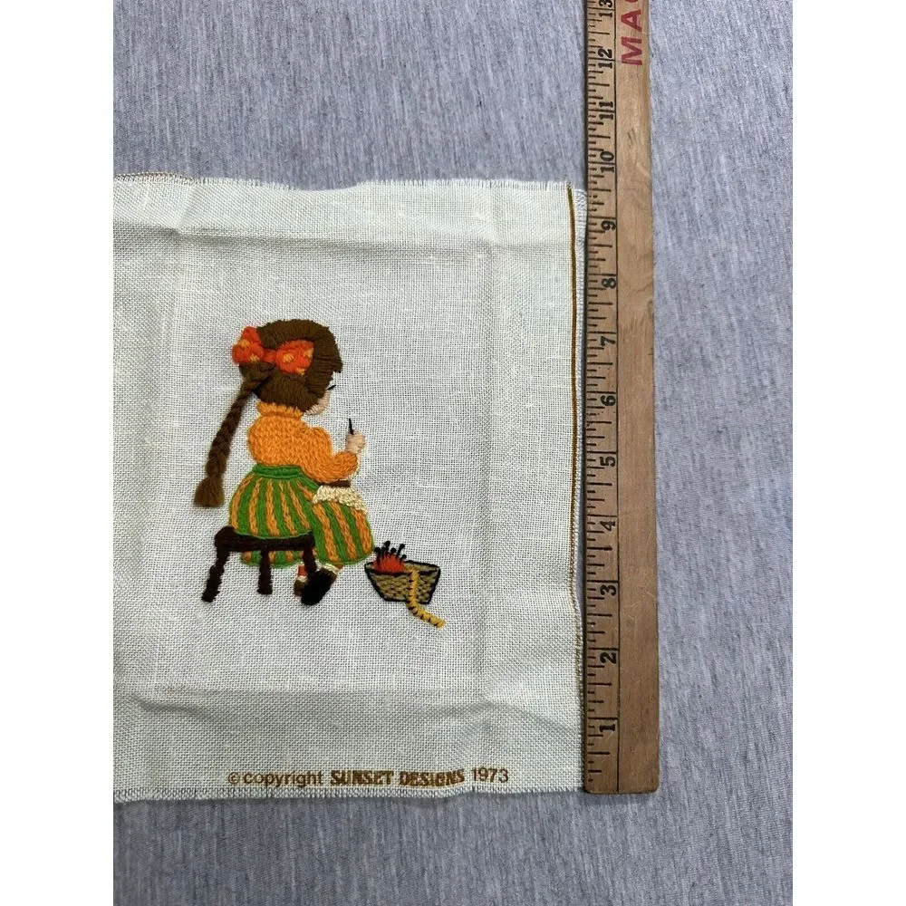 Vintage‎ Finished Sunset Designs Little Girl 70s Needlepoint Wall Art